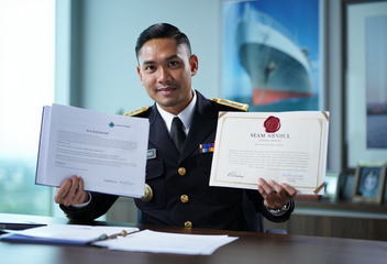 Indonesian maritime officer reviewing crew certificates and sea service documents for international vessel deployment