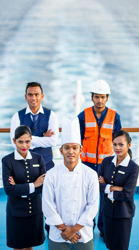 Indonesian cruise ship crew including hospitality staff, chef, and deck team supplied by maritime crewing company for international cruise operators