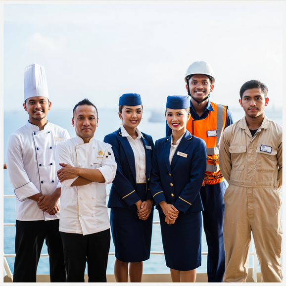 Indonesian cruise ship crew including hospitality staff, chef, deck and engine team representing PT Arta Bahari Indonesia maritime crewing services