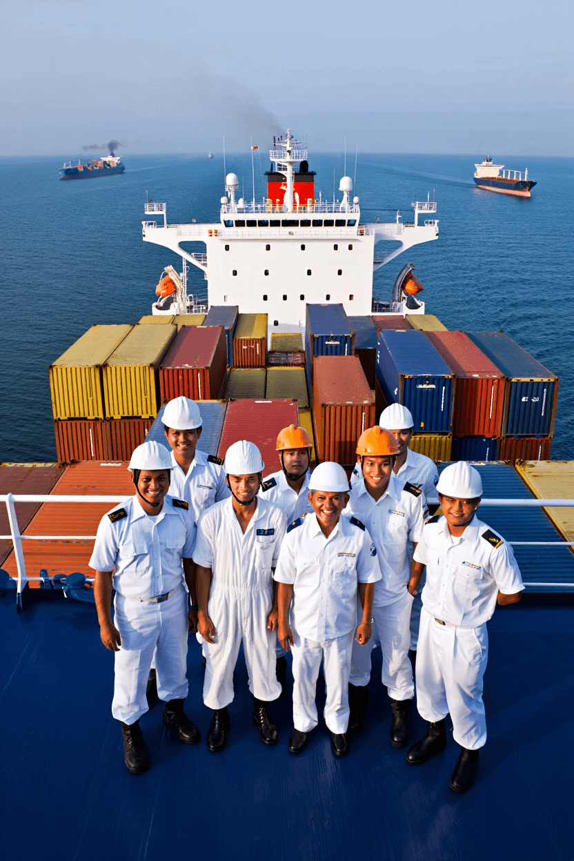 Profesional pelaut Indonesia berdiri di dek kapal kargo sebagai representasi pengembangan SDM maritim Indonesia.