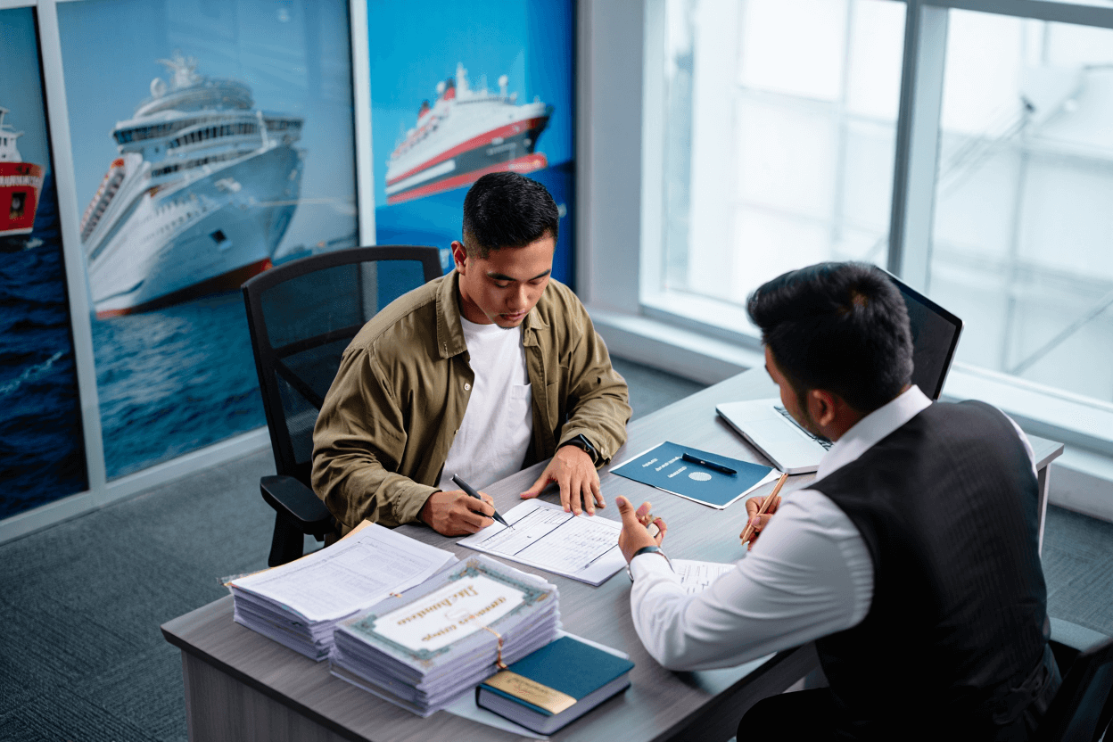 calon pelaut menyerahkan dokumen kerja kapal